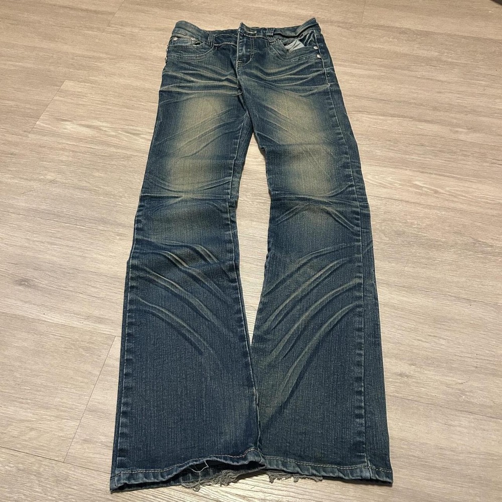 36x30 Faded Blue Mud Wash Bootcut Jeans Missing Button Y2K